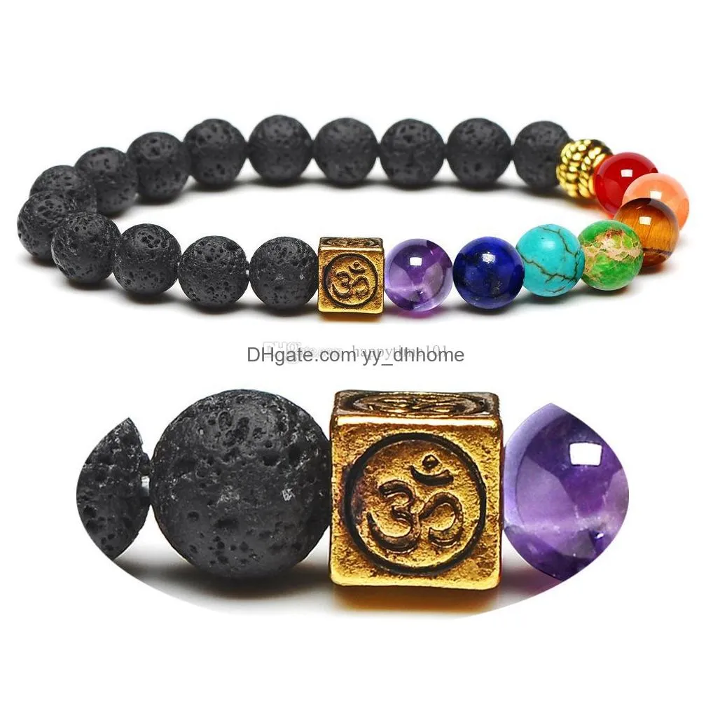 8mm black lava stone  oil diffuser bracelet square om 7 chakra beads women men fashion yoga buddha bracelets jewelry gift