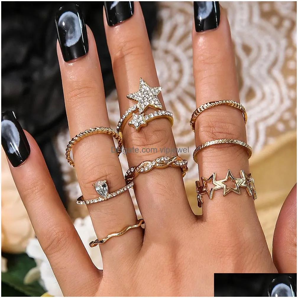 fashion jewelry vintage knuckle ring set rhinstone geomtric five piont star rings sets 8pcs/set