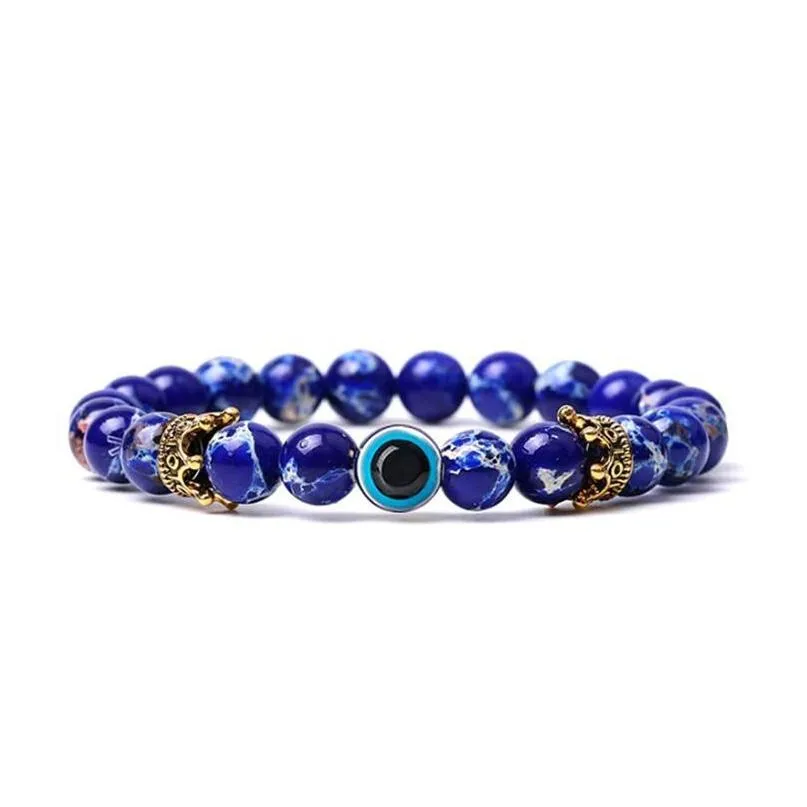 evil eye natural stone beaded strands bracelet designer jewelry gold crown white turquoise tiger eyes hematite for men women lovers elastic rope bracelets 12