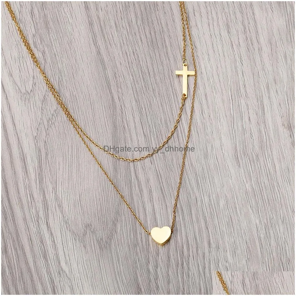 fashion design heart cross pendant necklace for women simple stainless steel multilayer chain necklace chokers party wedding jewelry