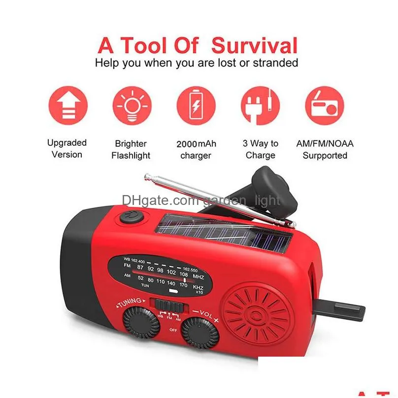 solar lamp multifunctional emergency radio hand crank usb rechargeable weather 1 led flashlight power bank camping light