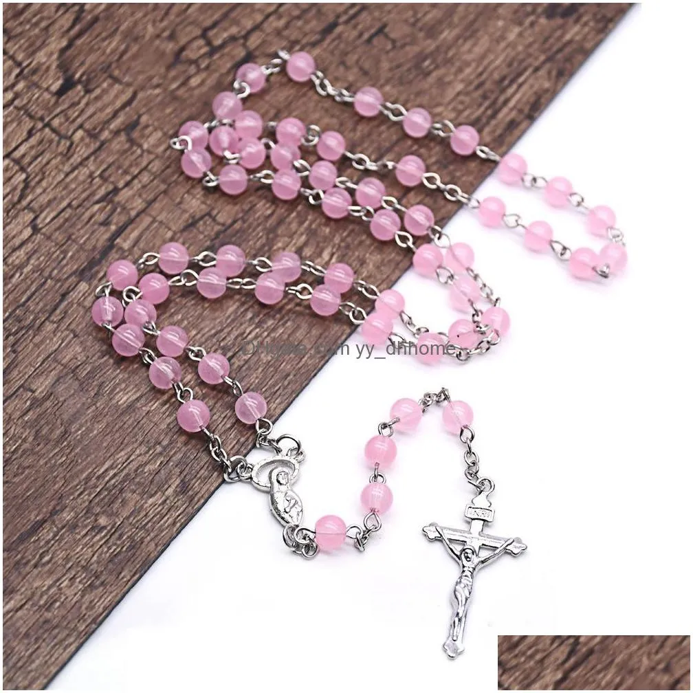 catholic jewelry long pink glass beads virgin cross rosary necklace for women religious gifts