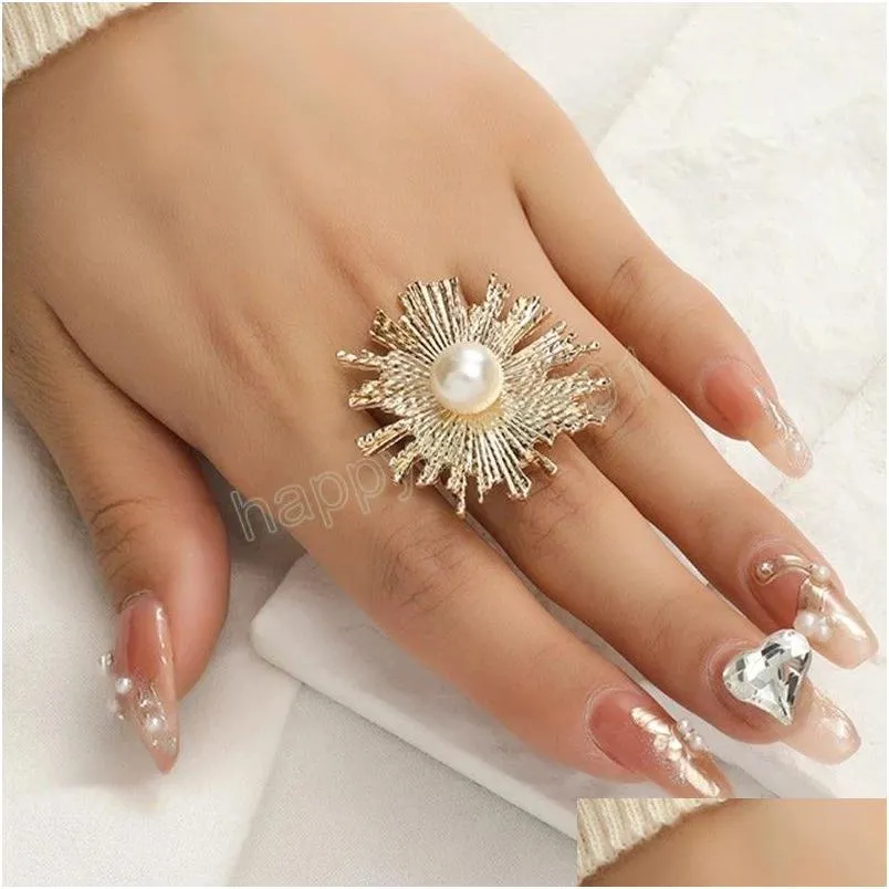 korean flower pearl ring for women girl gold adjustable opening finger ring bride anillo wedding engagement party jewelry gift