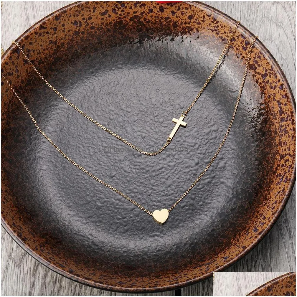 fashion design heart cross pendant necklace for women simple stainless steel multilayer chain necklace chokers party wedding jewelry