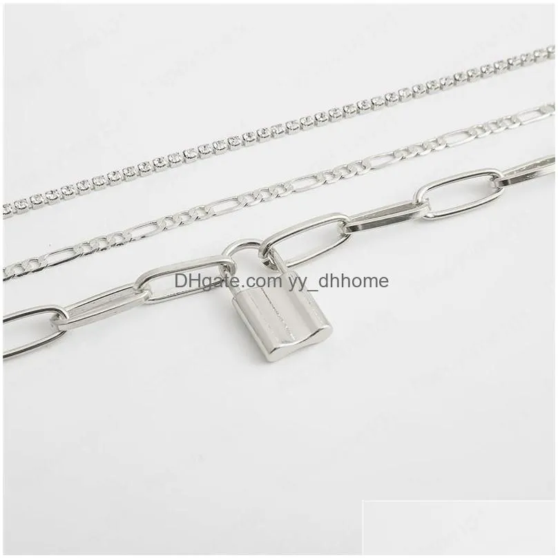 lock pendant anklets fashion alloy crystal mix thick thin chain for female multi layer geometric anklet ornament sets