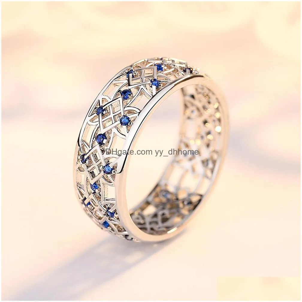 vintage female small blue crystal stone ring fashion hollow wedding rings for women simple silver color love engagement ring