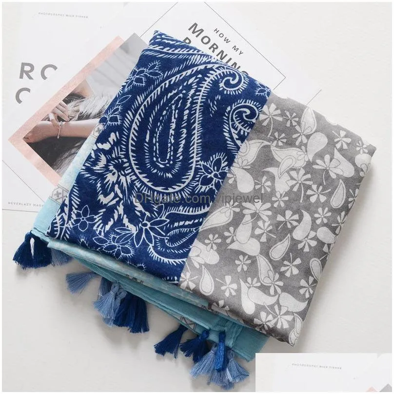 bohemian fashion spring summer women slik scarf sunscreen cotton and linen fleeing scarf big gauze shawls soft beach shawl paisley florals tassels