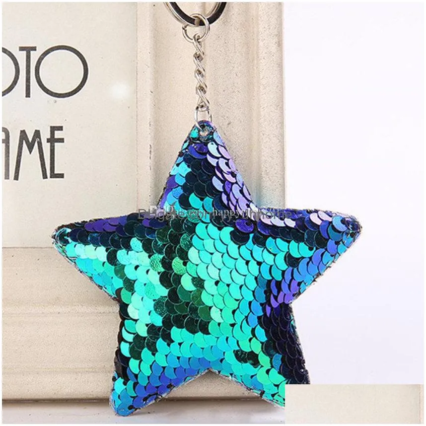 mermaid scale star keychain design sequin key ring holders bag hangs fashion jewelry gift drop shiping