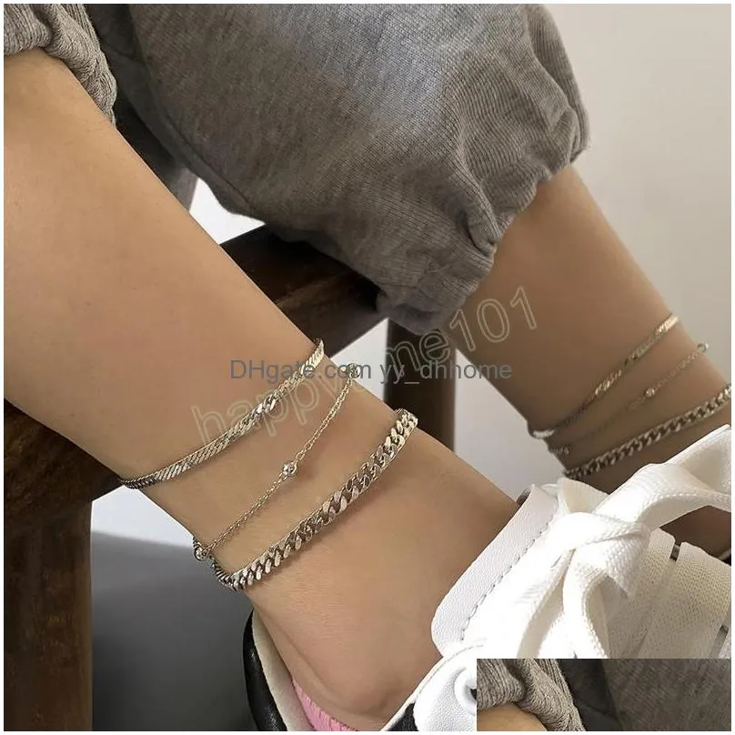 retro fashion geometric flat snake chain copper bead anklet set ladies creative hip hop simple hollow anklets girl jewelry gift