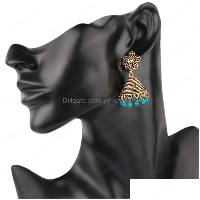 indian bell drop dangle earrings for women ethnic alloy vintage flower blue beads tassel earring jhumka