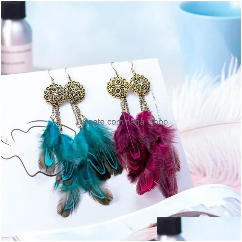 fashion jewelry vintage feather earrings long tassels feather dangle earrings