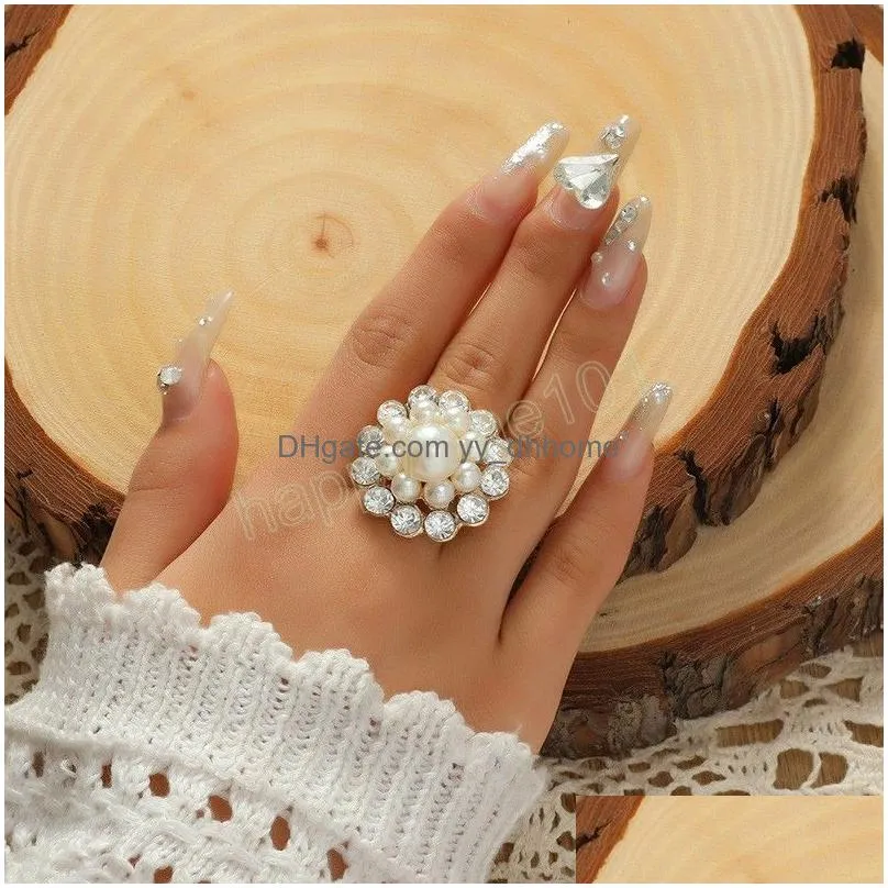 korean small flower ring for women girl simple pearl crystal wedding band open ring femme valentines day gift