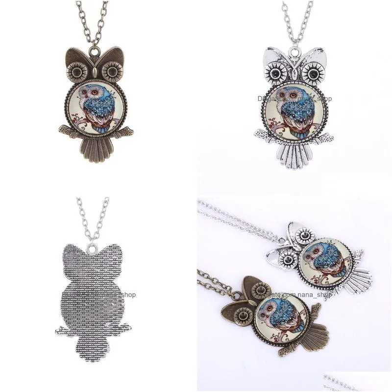 fashion jewelry vintage time gem cabochon steampunk owl pendant necklace sweater necklace