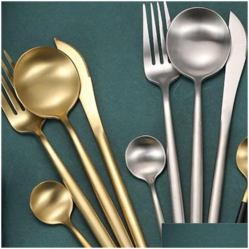 matte stainless steel tableware set portugal dinner service plates suit cutlery kitchen steak knife fork spoon kit dinnerware four 21 6wx