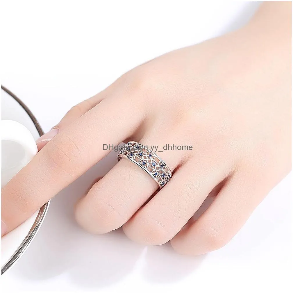 vintage female small blue crystal stone ring fashion hollow wedding rings for women simple silver color love engagement ring