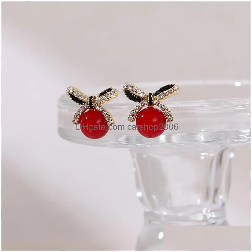 fashion jewelry s925 silver post earrings cute rhinestone bowknot faux pearl stud earrings