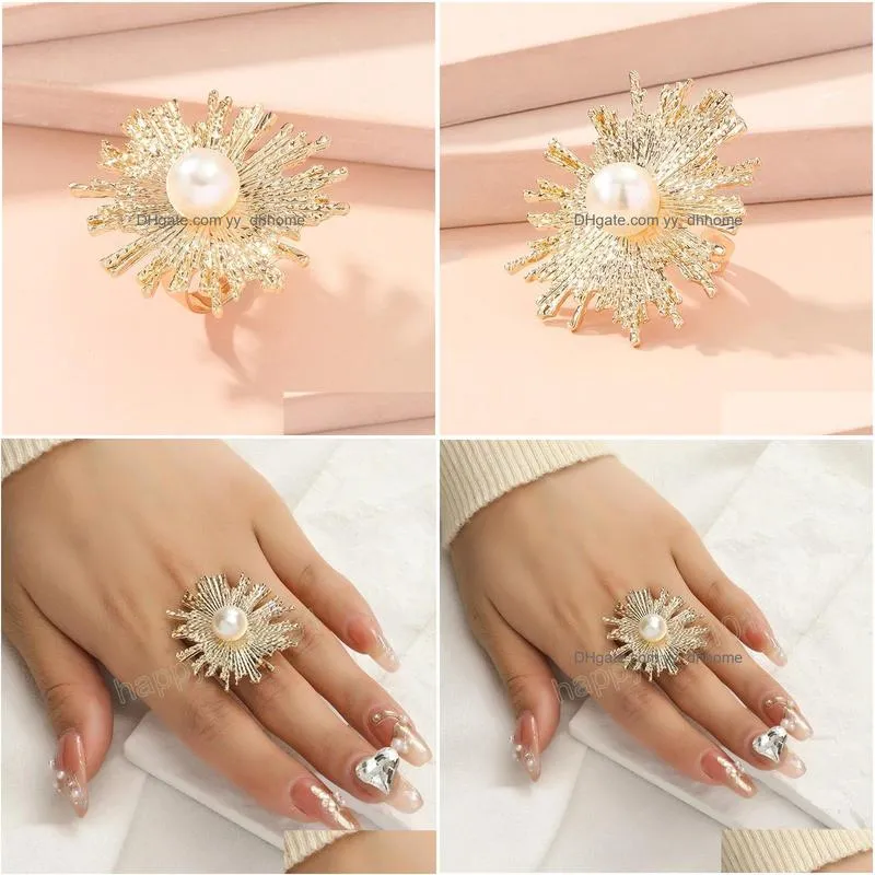 korean flower pearl ring for women girl gold adjustable opening finger ring bride anillo wedding engagement party jewelry gift