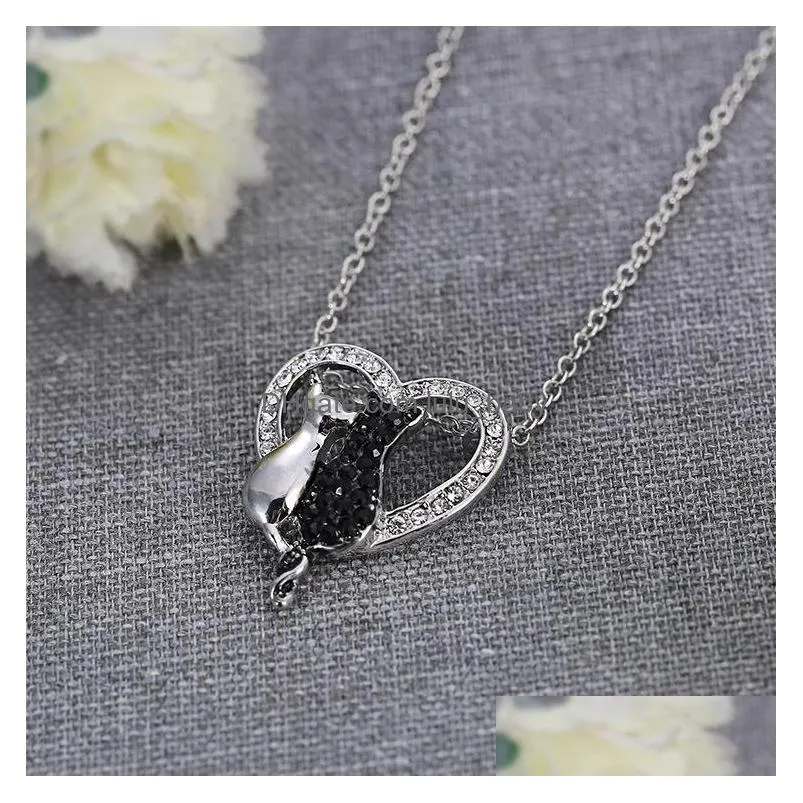 fashion jewelry cats heart pendant necklace rhinstone heart lovers necklace