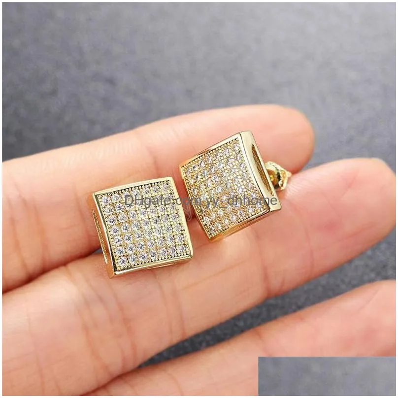  fashion hip hop earrings for men gold silver iced out cz square stud earring with screw back jewelry