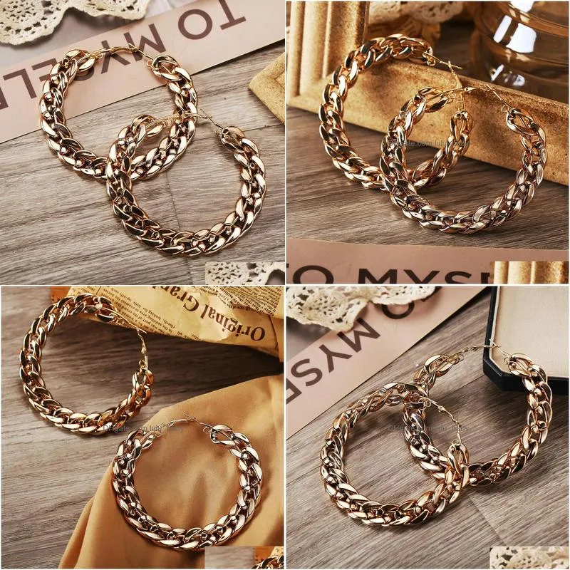 fashion jewelry chain earrings vintage exaggerated gold alloy chain hoop earrings