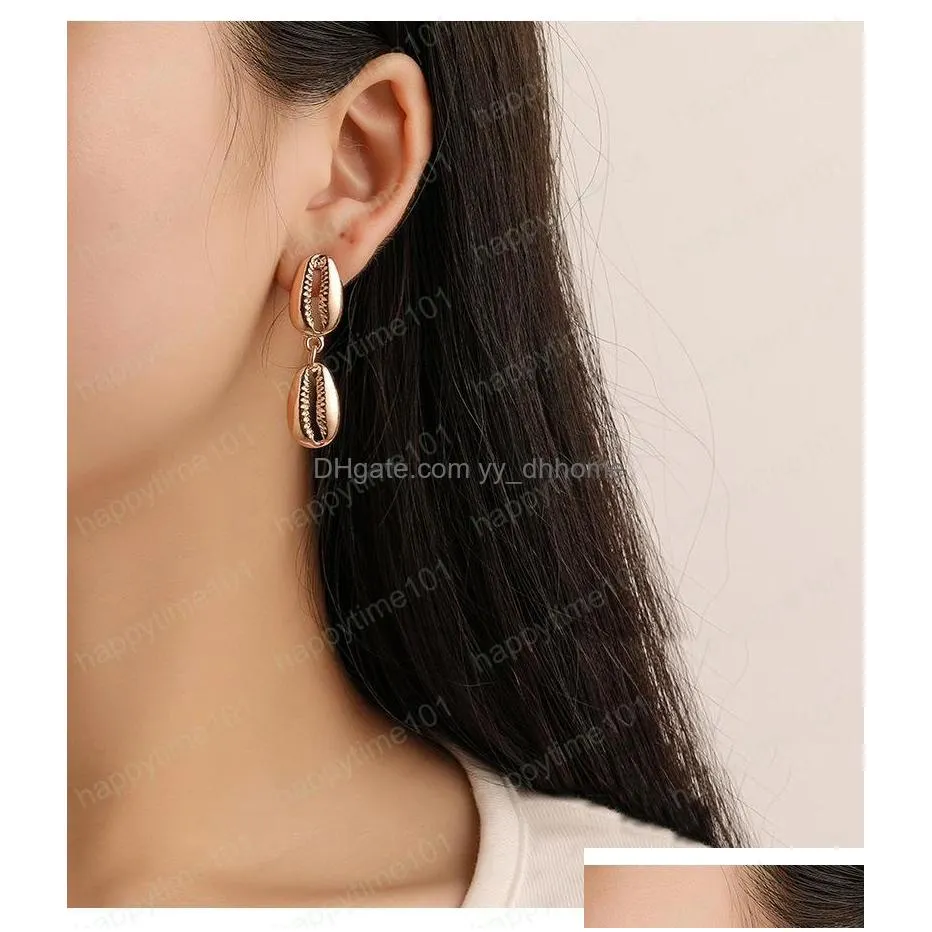 fashion hipster dumb gold double layer shell metal earrings tassel earrings earrings summer beach accessories for women