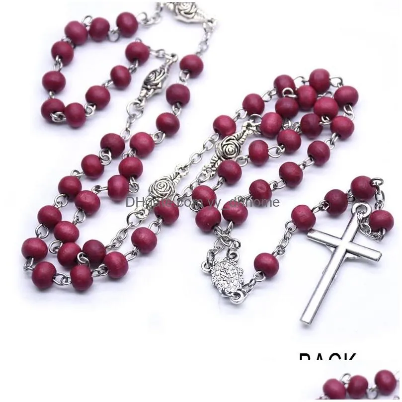 wine red wood beads cross rosary necklace catholic long strand necklace religious jewelry