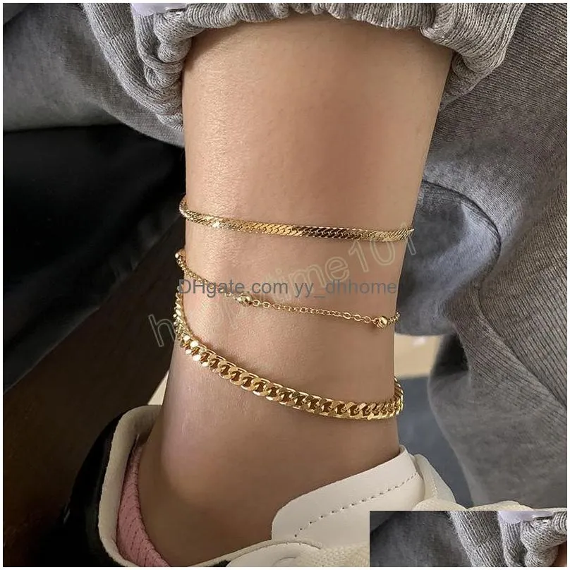 retro fashion geometric flat snake chain copper bead anklet set ladies creative hip hop simple hollow anklets girl jewelry gift