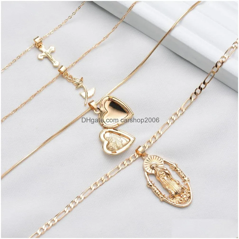 fashion jewelry vintage multilayer necklace metallic cross madonna rose openable heart pendant necklace