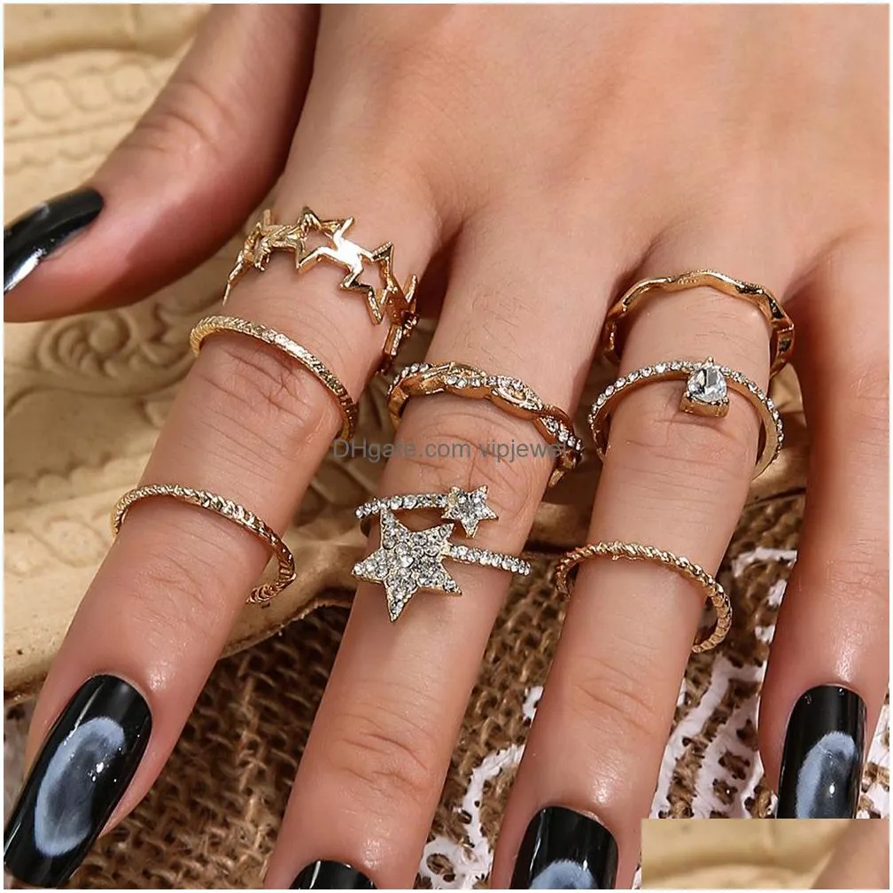 fashion jewelry vintage knuckle ring set rhinstone geomtric five piont star rings sets 8pcs/set