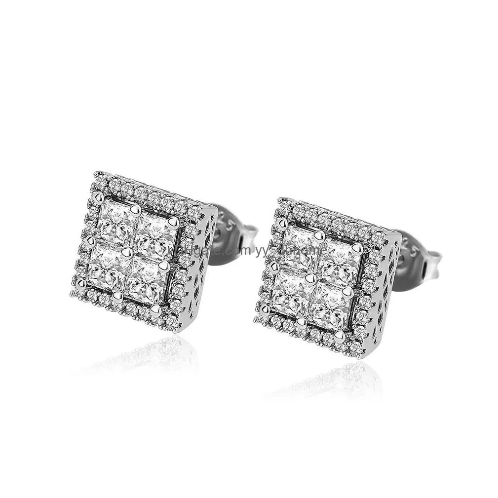 unisex fashion earrings mens hip hop jewelry iced out square cz diamond stud earrings fashion gold silver women earrings