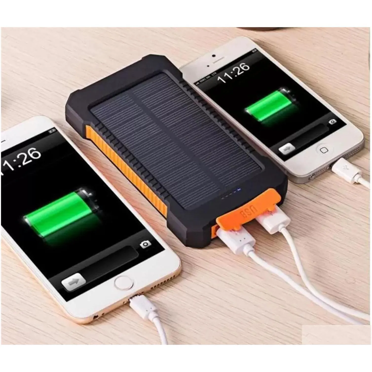 20000mah solar power bank charger with led flashlight compass camping lamp double head battery panel waterproof outdoor charging cell