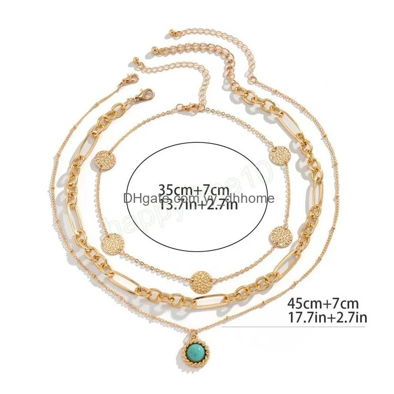 boho turquoise pendant necklace womens multilayer retro fashion gold round sequin clavicle necklaces girls glamour jewelry