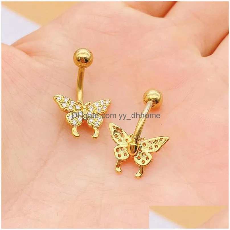 surgical steel belly button rings cubic zirconia butterfly navel curved barbell studs sexy body piercing jewelry for women