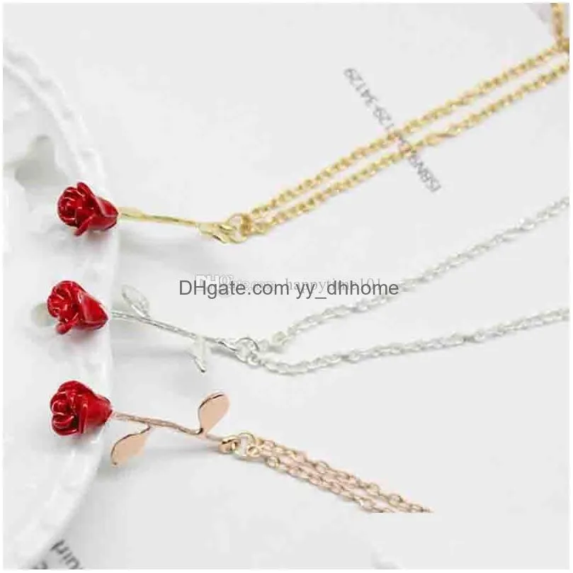 fashion jewelry pendant red rose flower gold chains choker necklaces romantic valentines day gifts statement