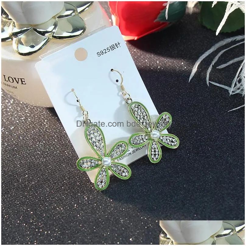 fashion jewelry s925 sliver post flower earrings rhinstone flower dangle earrings