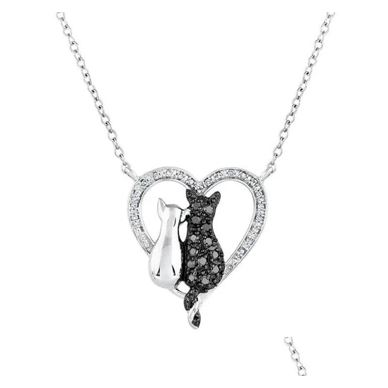 fashion jewelry cats heart pendant necklace rhinstone heart lovers necklace