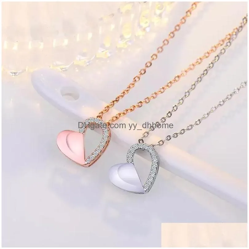 hollow out love heart pendant necklace with rhinestone crystal zircon for women girl party wedding jewelry