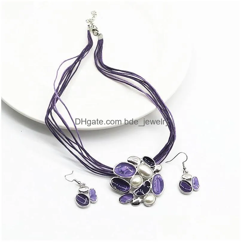 fashion jewelry set faux pearl wax thread glaze geometrical short necklace earrings set
