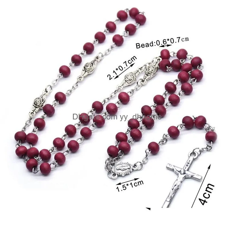 wine red wood beads cross rosary necklace catholic long strand necklace religious jewelry