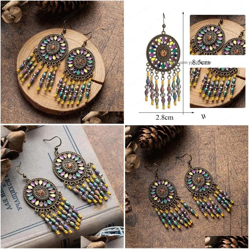 vintage long tassel dangle earrings for women female ethnic round hollow colorful beads drop earring oversize handmade jewelry