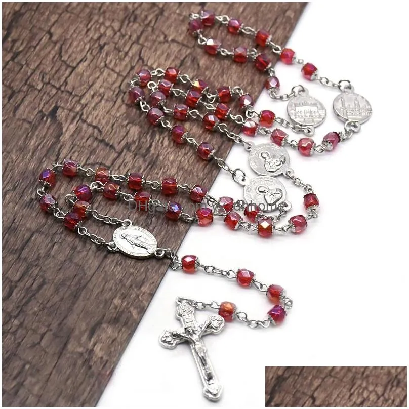 red crystal rosary necklace with cup vintage jesus cross pendant necklace long religious pray jewelry gift for men women