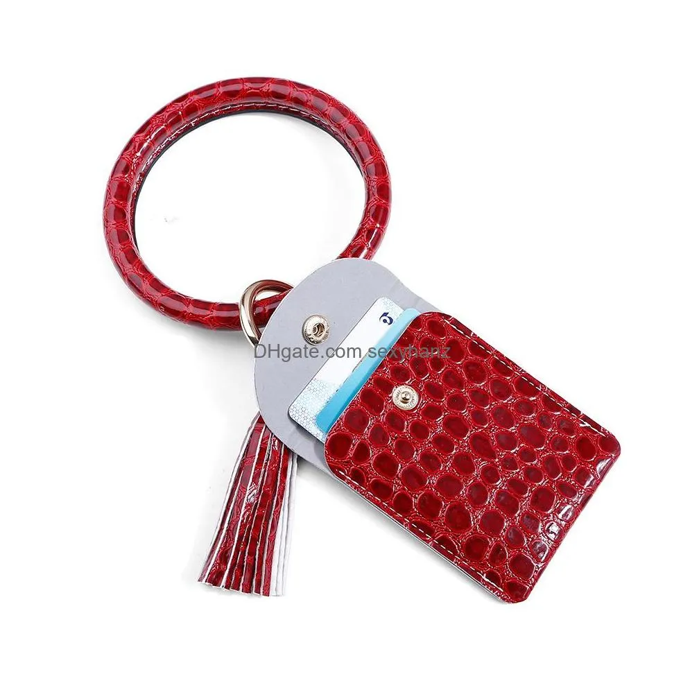 women girls crocodile pu leather bracelet key ring bangle keyring tassel ring circle keychain wristlet keyrings with wallet card