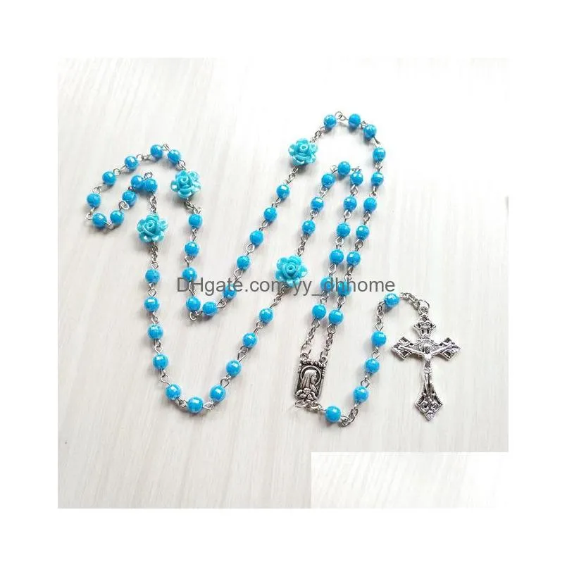 catholic acrylic round beads rose rosary necklace for women religious prayer jewelry