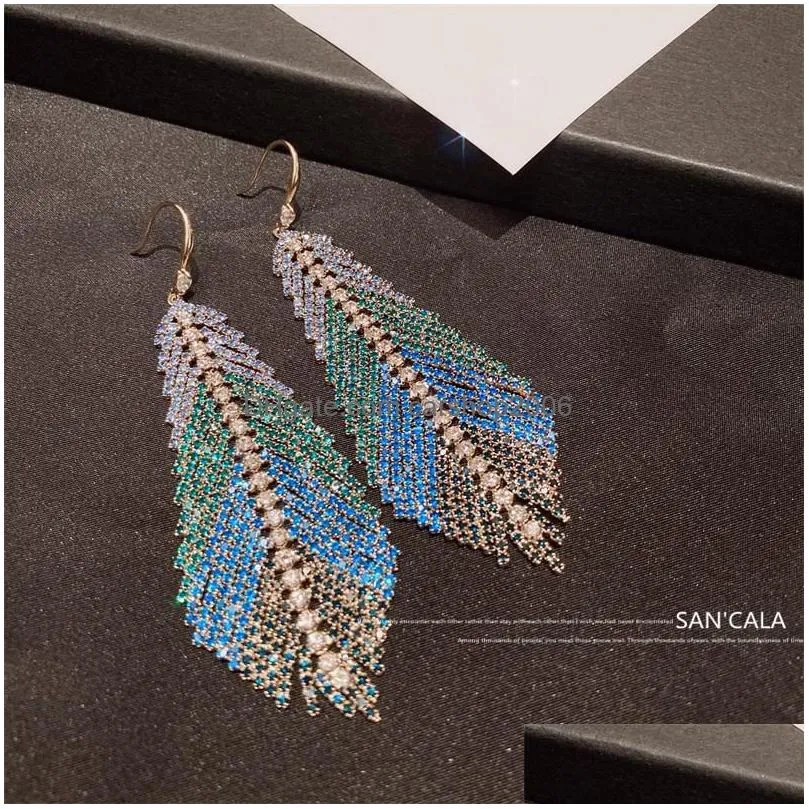 fashion jewelry dazzling colorful blue feather zircon grab chain long tassel dangle earrings geometric exaggerated earrings