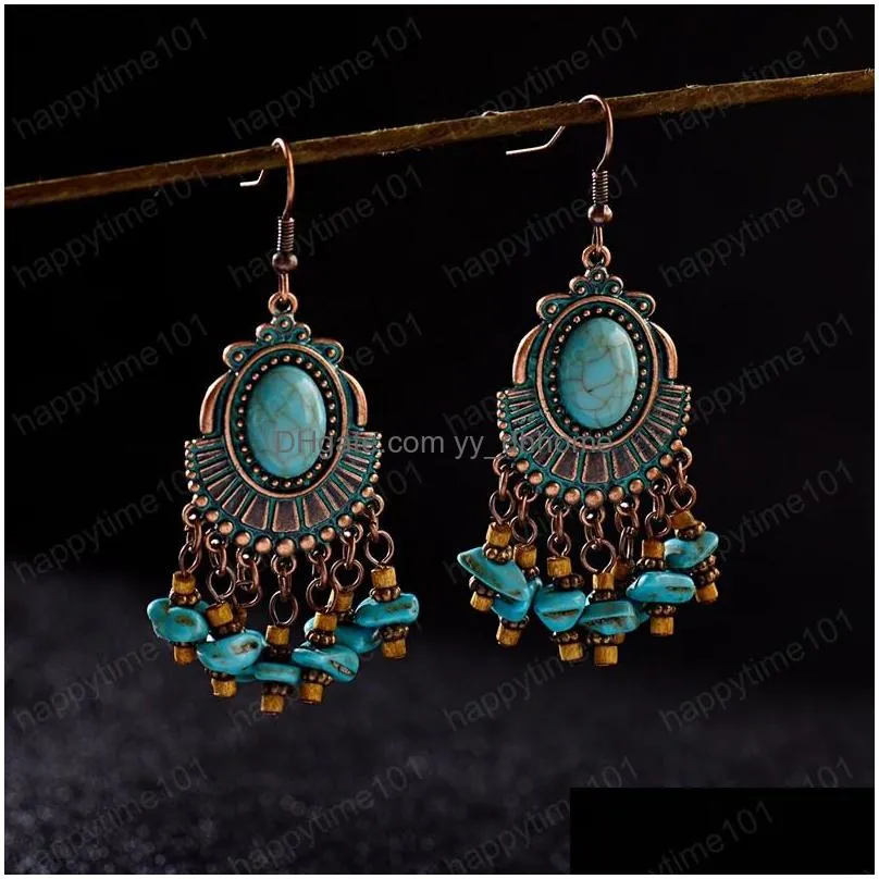 boho jewelry earring bohemian vintage ethnic blue natural stone tassel water drop earrings for women girls pendientes