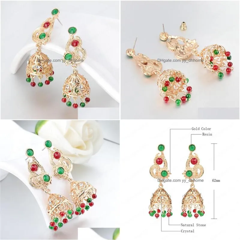 gold metal carved rhinestone hollow ladies dangle earrings women indian jhumka jhumki boho ethnic beads tassel jewelry