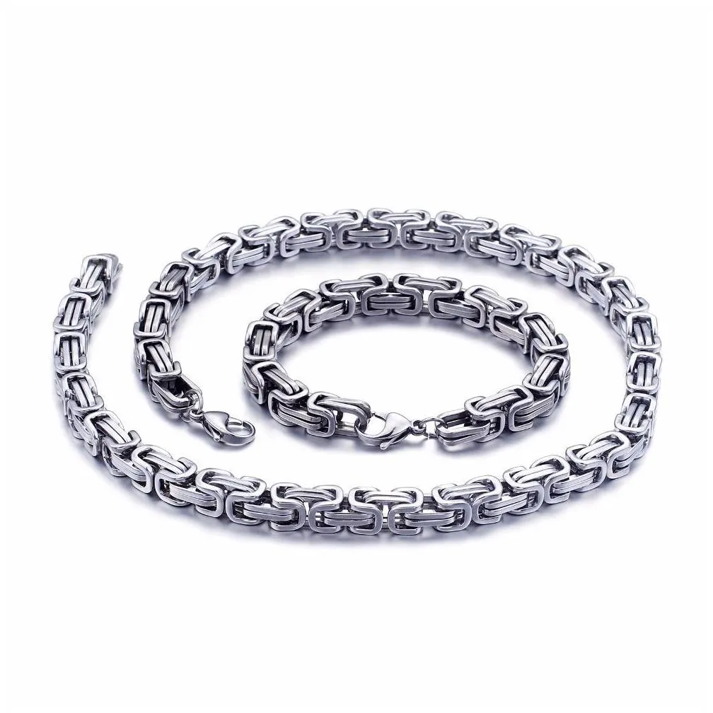 5mm/6mm/8mm wide silver stainless steel king byzantine chain necklace bracelet mens jewelry handmade