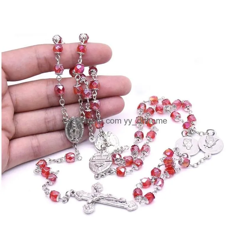 red crystal rosary necklace with cup vintage jesus cross pendant necklace long religious pray jewelry gift for men women