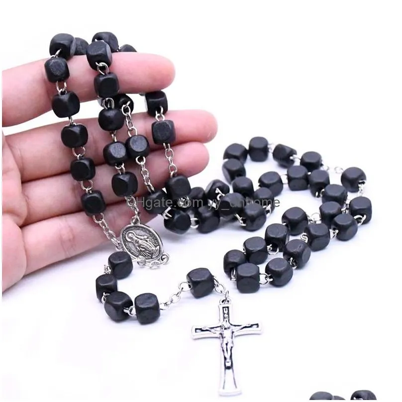 black square wood christ rosary neckalce vintage cross beads strand necklace long religious pray jewelry 