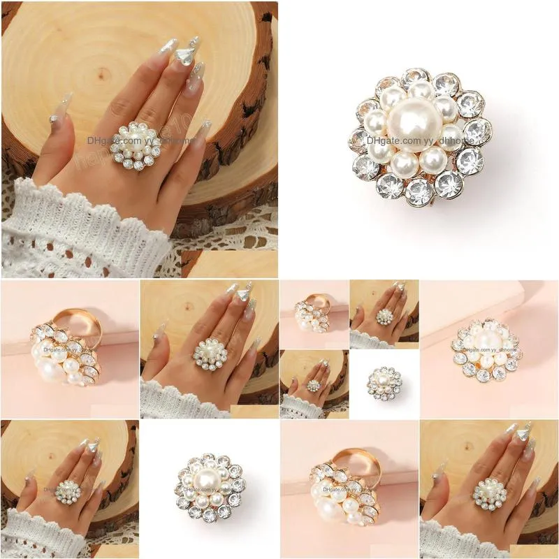 korean small flower ring for women girl simple pearl crystal wedding band open ring femme valentines day gift